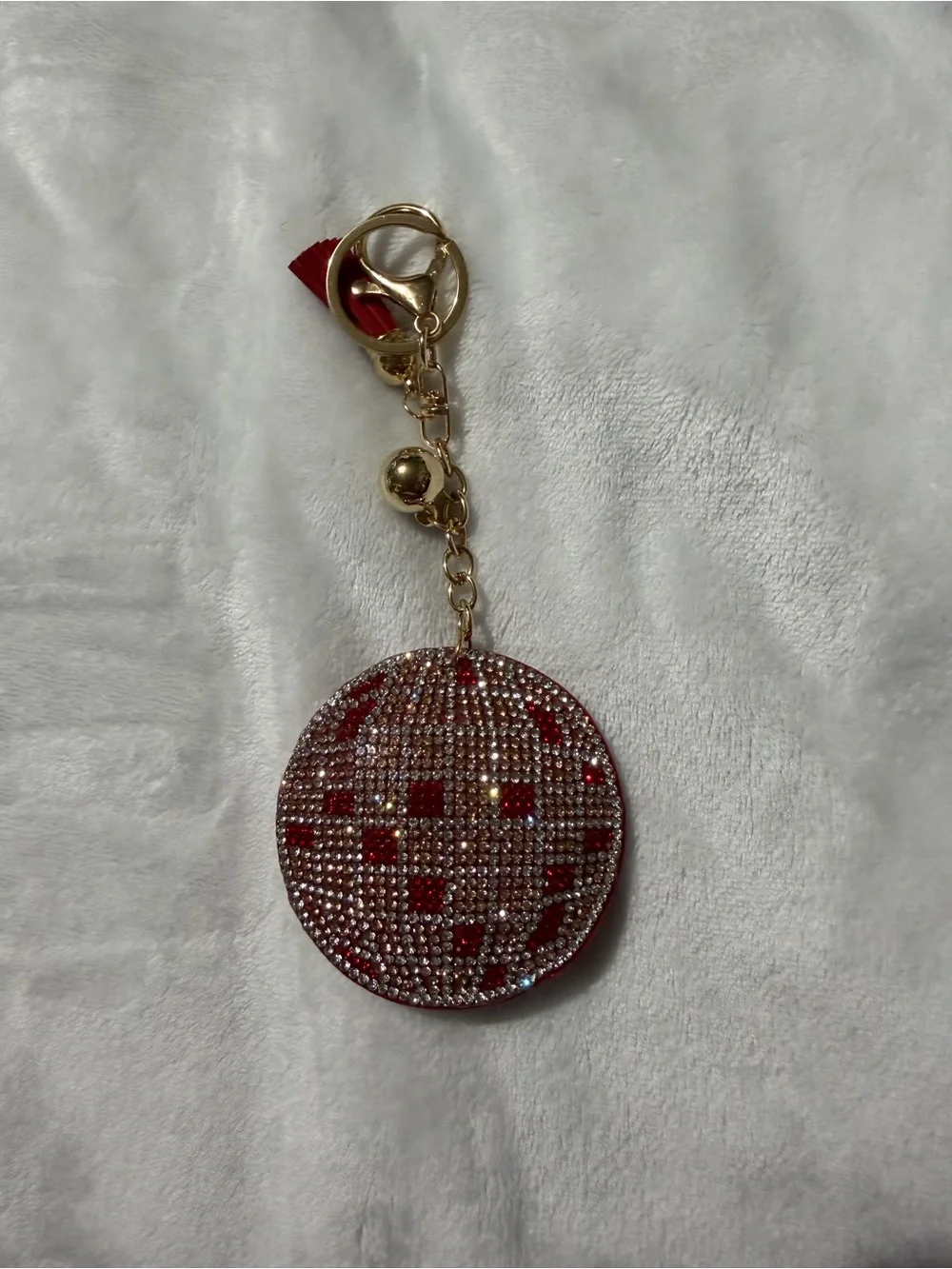 Gold-Tone Red Rhinestone Disc Keychain Charm